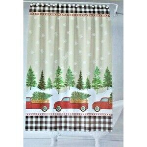 Avanti Christmas Red Farm Truck Fabric Shower Curtain Holiday Buffalo Check